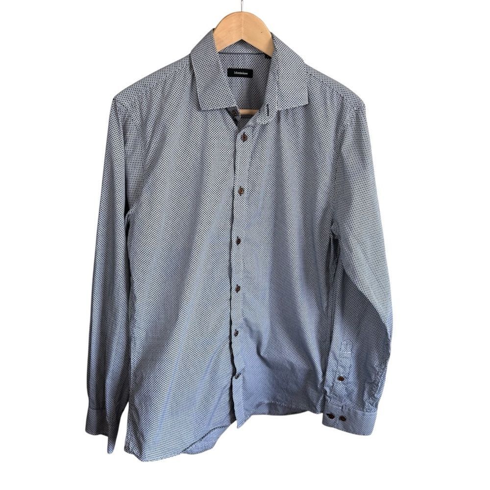 Matinique Men's Blue Black Patterned Shirt Button Down Cotton Dress Shirt, Large